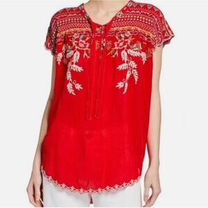 Johnny Was Red Lissa Tunic Tee with Floral Embroidery SZ L EUC Original $215